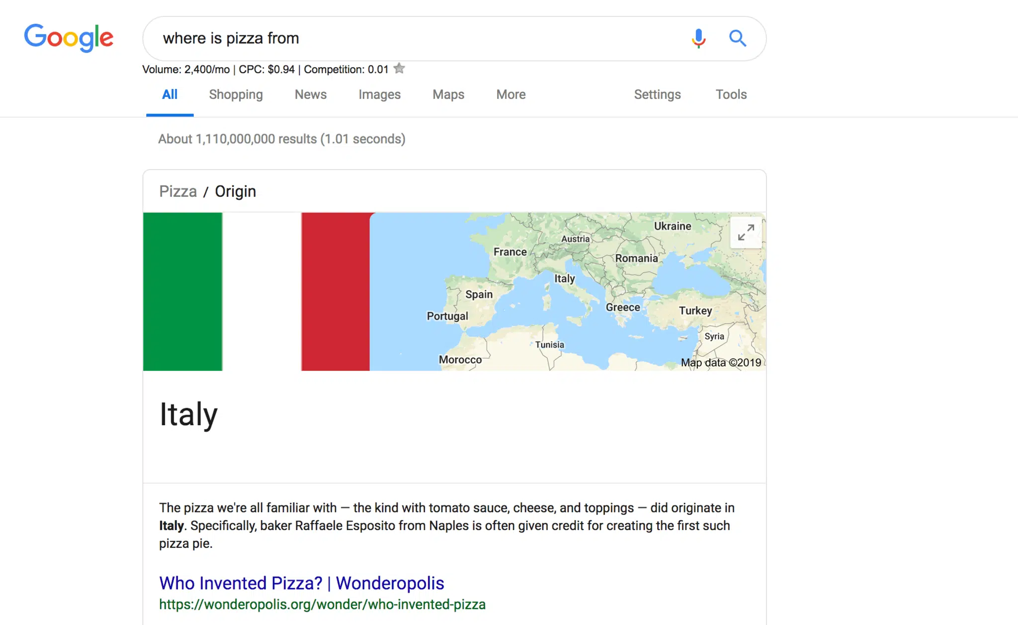 paragraph featured snippet showcasing where pizza is from
