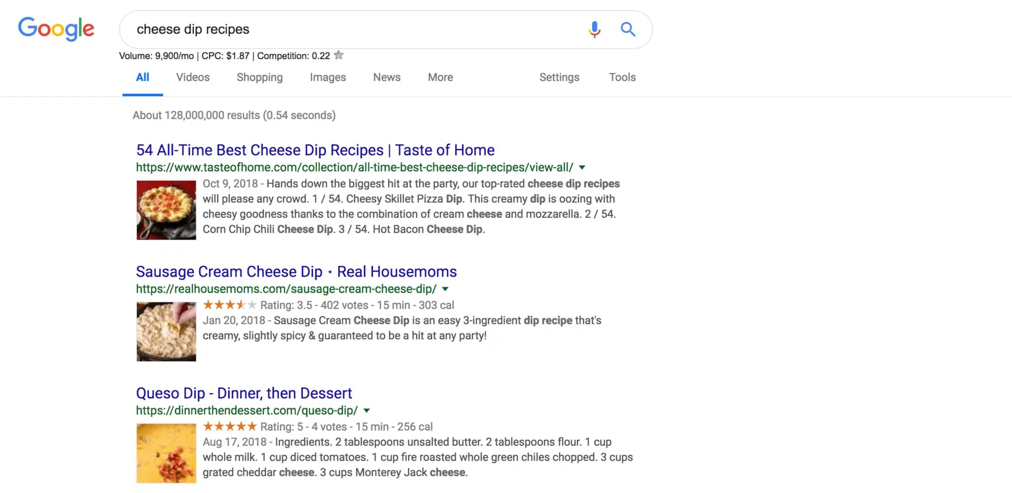 rich snippet about cheese dips in google SERPs