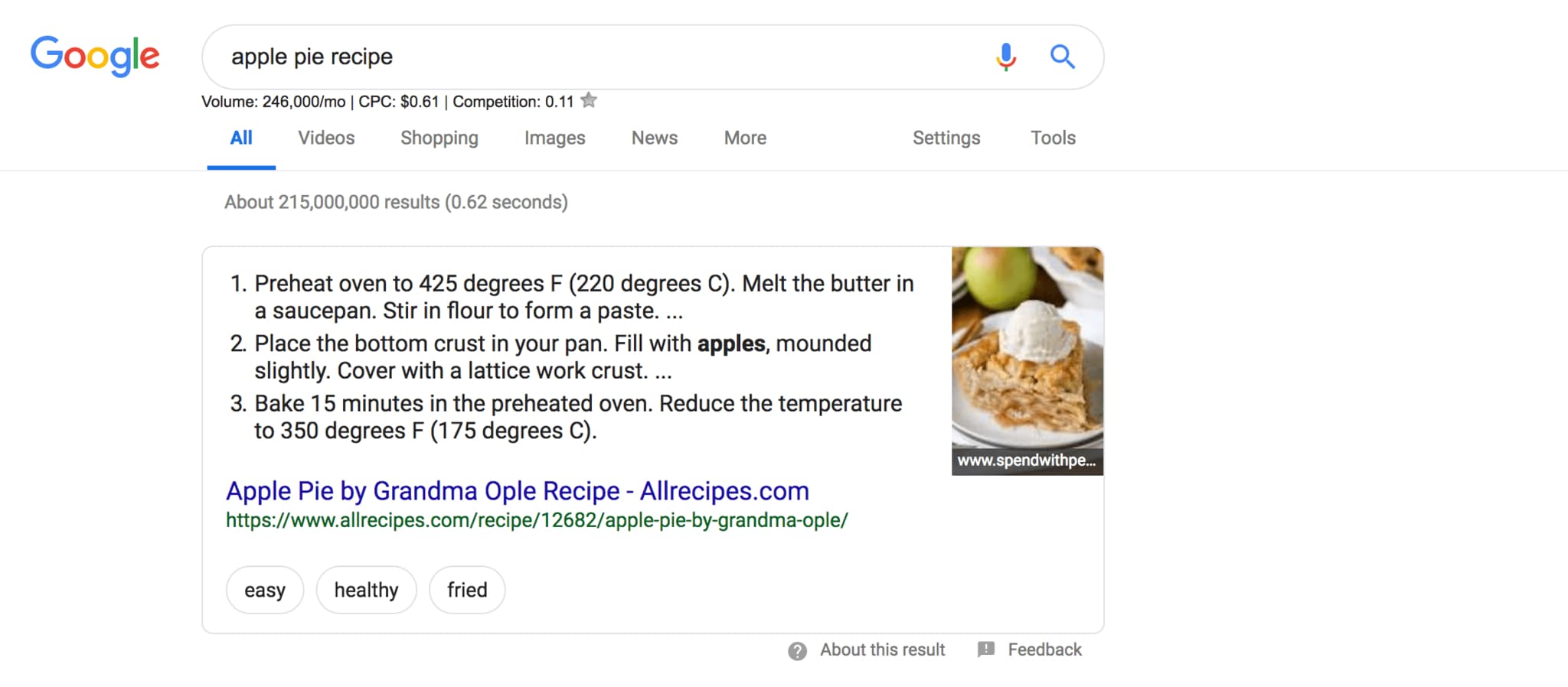 list featured snippet showcasing apple pie recipe