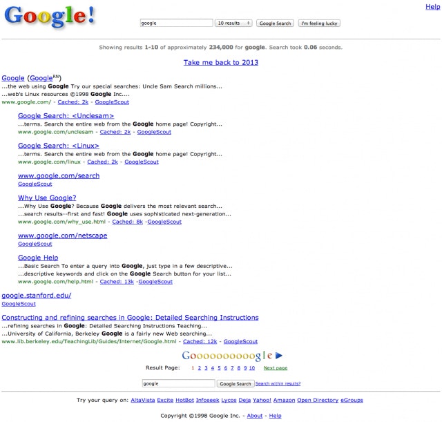 Google Search Results in 1998