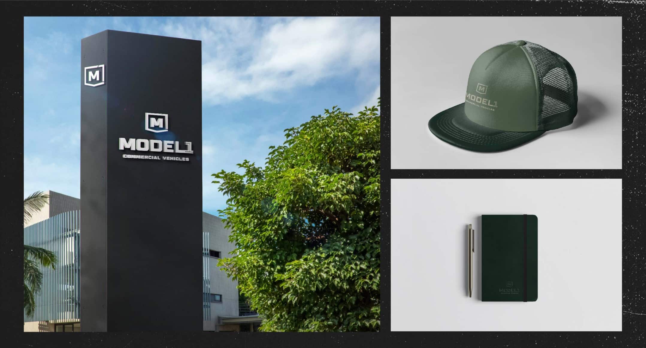 Model 1 Branded Assets collage notebook hat